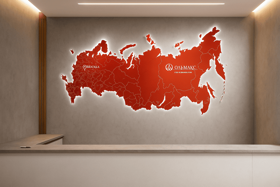 Объемная контражурная карта России в офис изготовление и установка на заказ